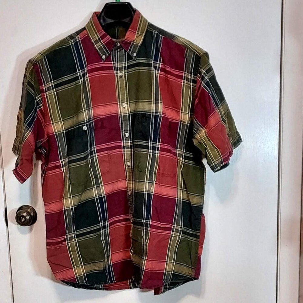Timberland Weathergear Red Plaid Short Sleeve Mens Shirt.Sz M Collar Logo
